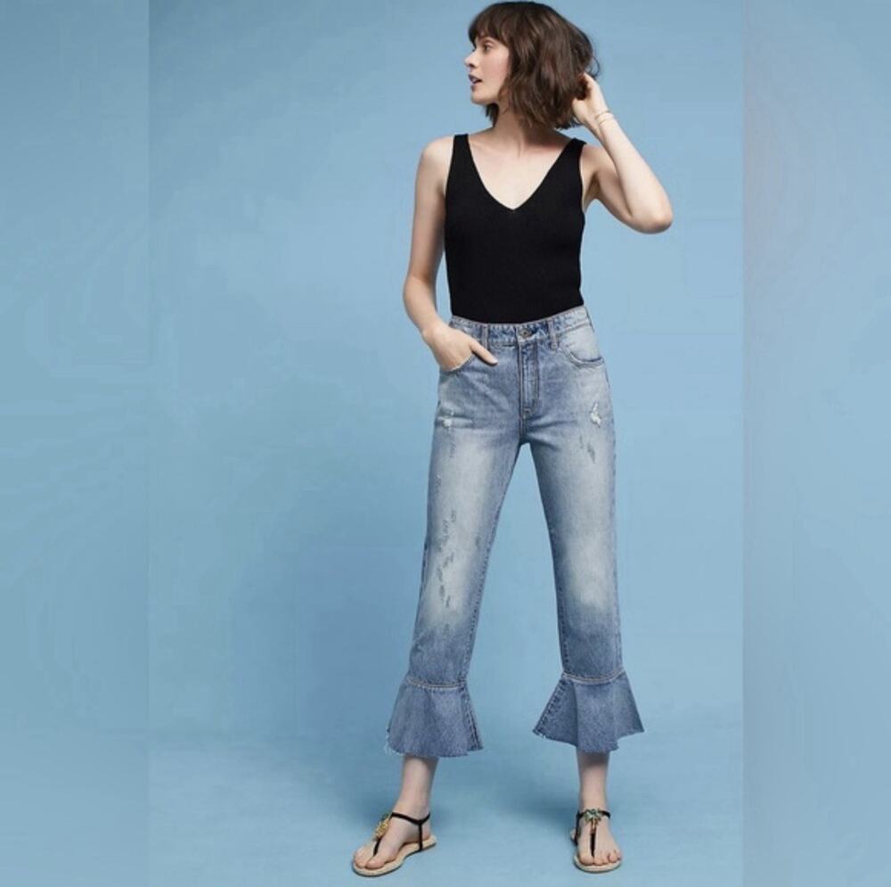 Anthropologie Pilcro And The Letterpress Cropped Denim Ruffle Jeans Size 31